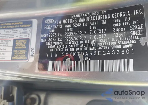 2014 Kia Sorento Lx from USA, damaged, VIN 5XYKTDA63EG433601